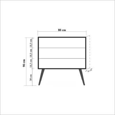 Cassettiera in legno 3 cassetti colore quercia con decorazione a righe cm 80x40x90h