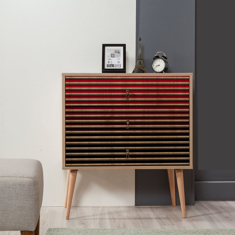 cassettiera con 3 cassetti in legno colore quercia fantasia a righe