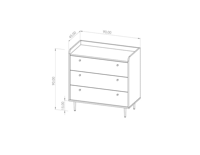 Cassettiera moderna 3 cassetti colore rovere scuro con gambe in metallo cm 90x45x90h