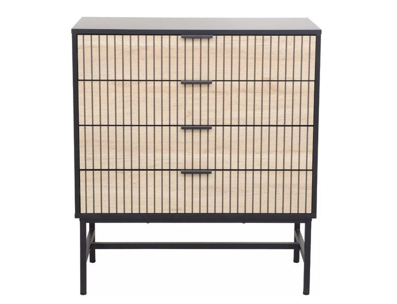 Cassettiera moderna 4 cassetti rovere a strisce struttura nera e gambe in metallo cm 80x40x90h