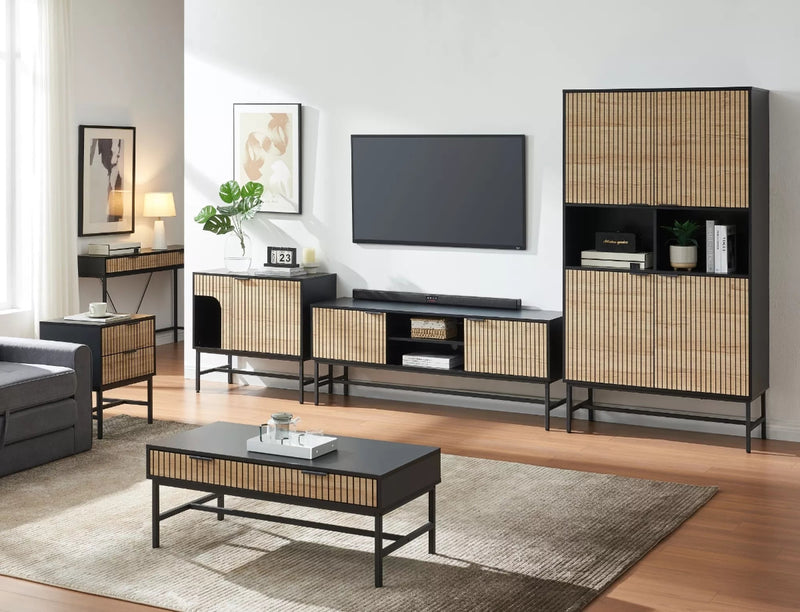 Cassettiera moderna 4 cassetti rovere a strisce struttura nera e gambe in metallo cm 80x40x90h