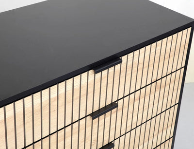 Cassettiera moderna 4 cassetti rovere a strisce struttura nera e gambe in metallo cm 80x40x90h