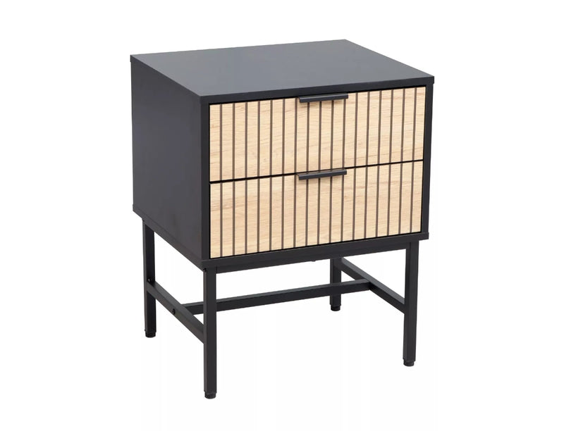 Comodino 2 cassetti in legno colore nero piedi metallo frontali colore rovere a strisce cm 40x48x60h