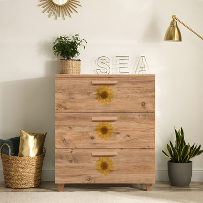 cassettiera in legno naturale tre cassetti con fantasia girasole