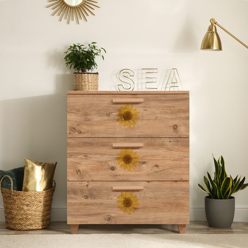 cassettiera in legno naturale tre cassetti con fantasia girasole