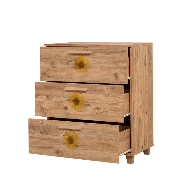 Cassettiera in legno naturale con fantasia girasoli cm 80x43x95h