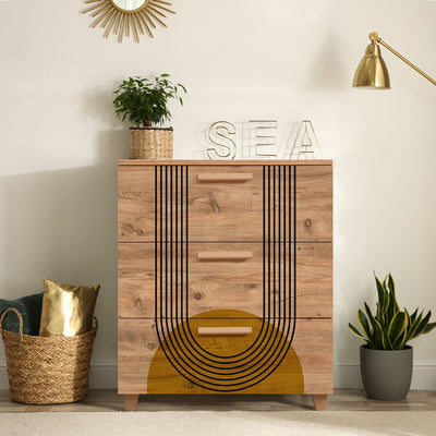 cassettiera in legno naturale tre cassetti con fantasia sole stilizzato