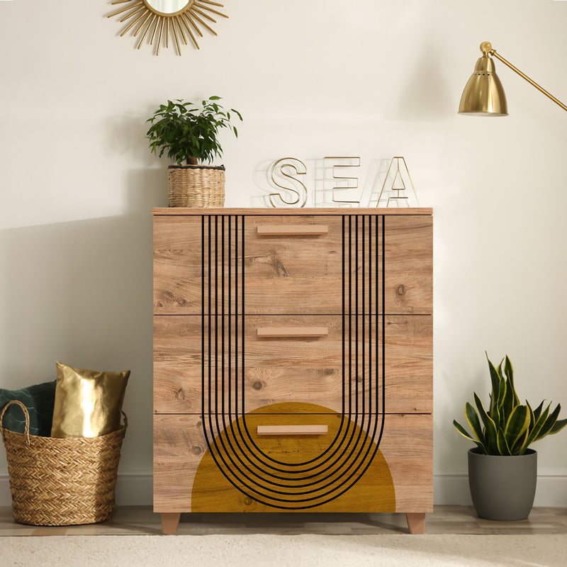 cassettiera in legno naturale tre cassetti con fantasia sole stilizzato