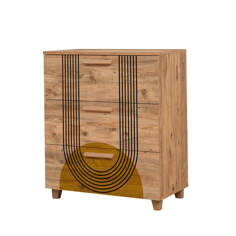 Cassettiera 3 cassetti in legno con fantasia sole stilizzato cm 80x43x95h