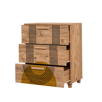 Cassettiera 3 cassetti in legno con fantasia sole stilizzato cm 80x43x95h