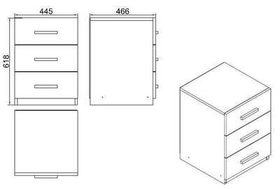 Cassettiera 3 cassetti moderna da ufficio in legno bianco cm 44x46x62h