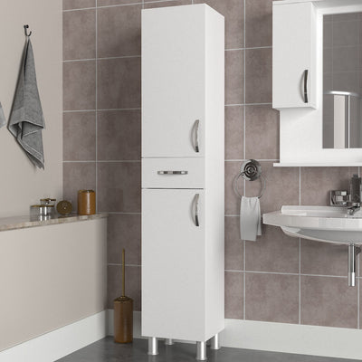 colonna da bagno con 2 ante e cassetto centrale in legno colore bianco