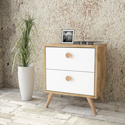 comodino moderno 2 cassetti in legno naturale e bianco