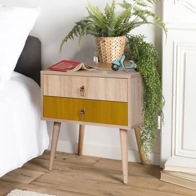 Comodino in legno 2 cassetti pino atlantico e giallo cm 60x40x61h