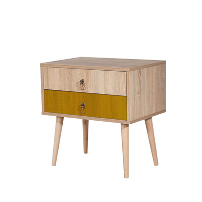 Comodino in legno 2 cassetti pino atlantico e giallo cm 60x40x61h