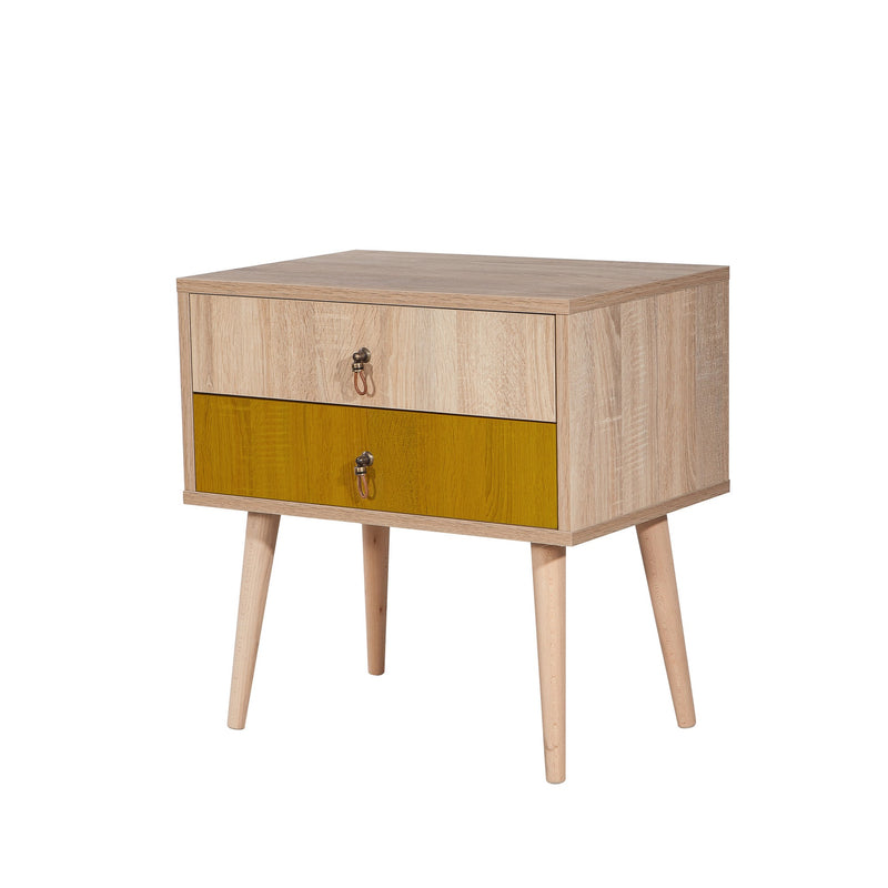 Comodino in legno 2 cassetti pino atlantico e giallo cm 60x40x61h