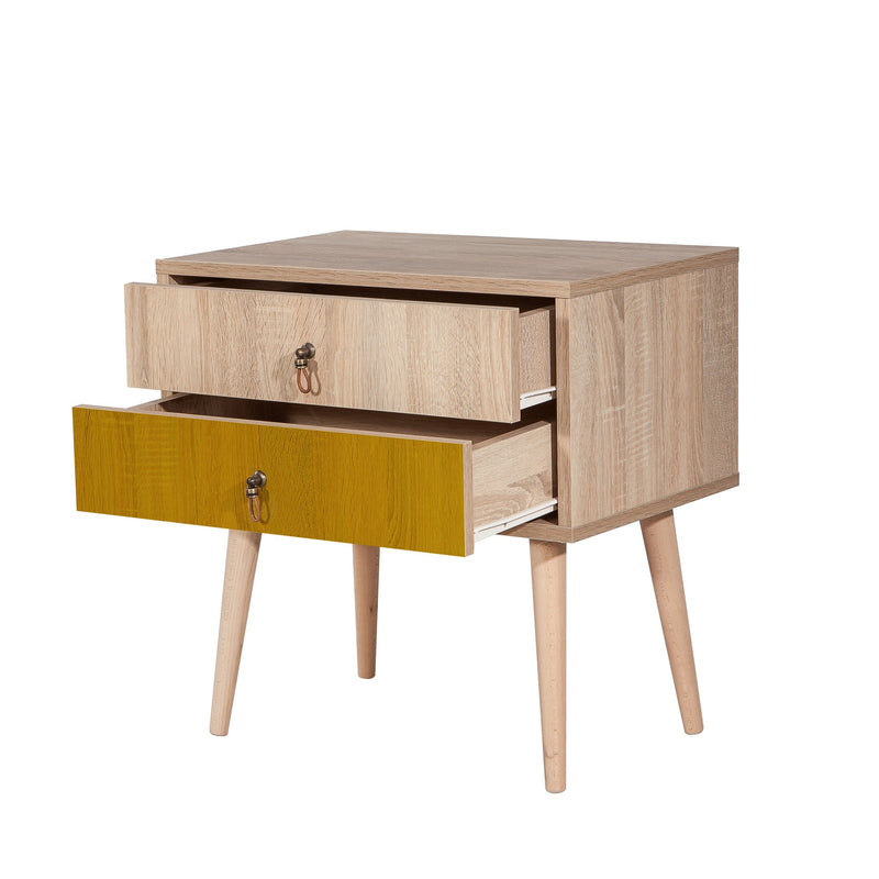Comodino in legno 2 cassetti pino atlantico e giallo cm 60x40x61h