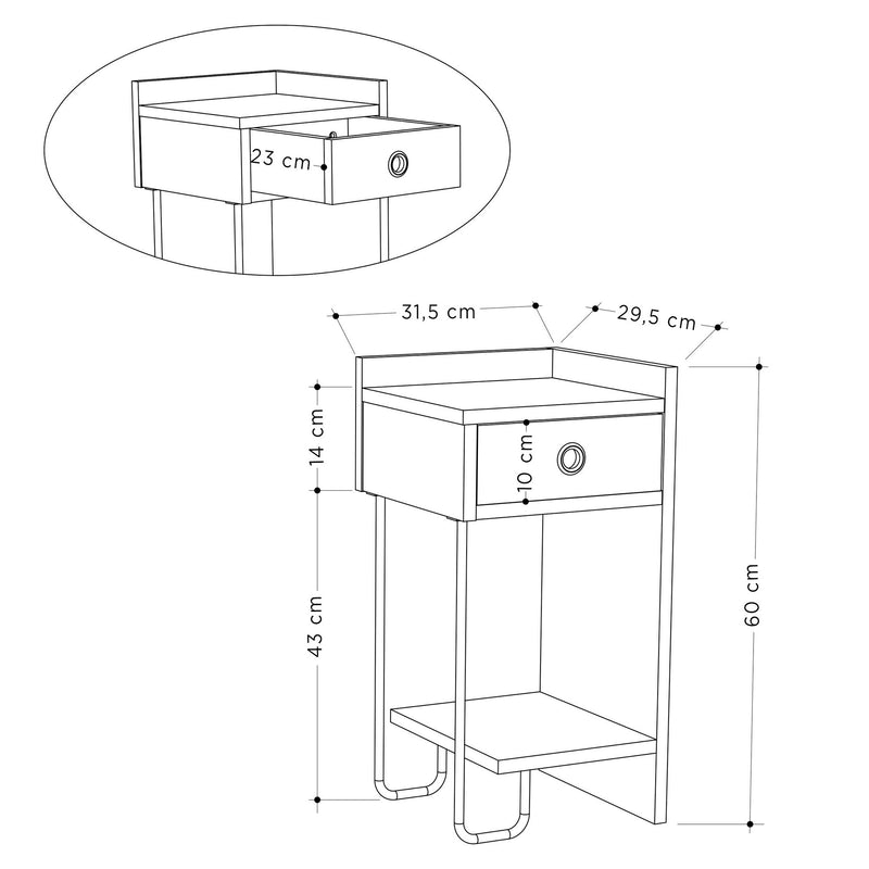 Comodino da camera con cassetto in legno bianco latro sinistro cm 30x32x60h