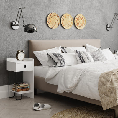 comodino moderno da camera alto con cassetto in legno bianco