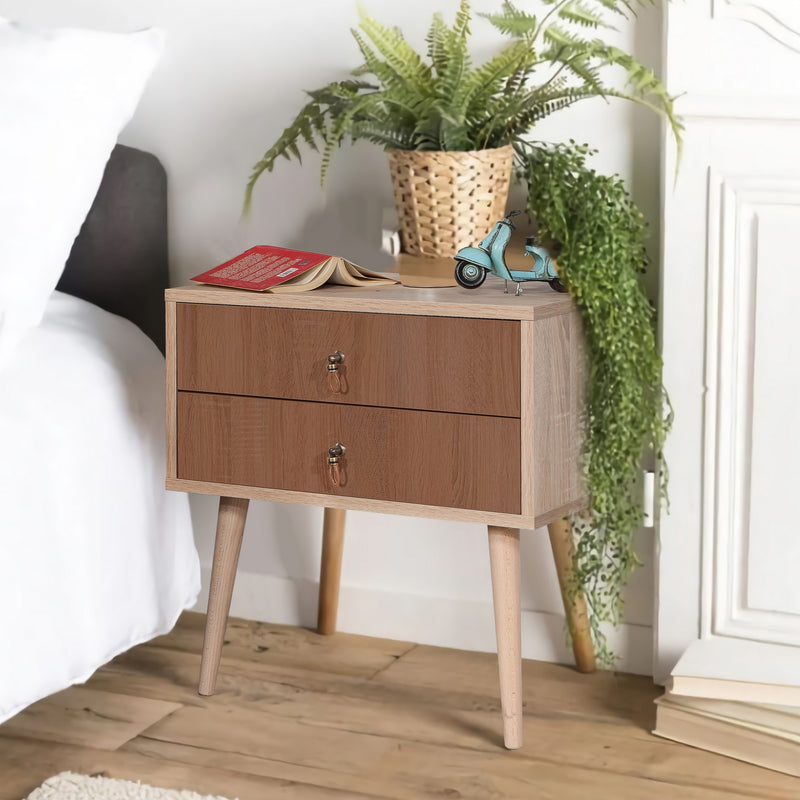 Comodino moderno da camera colore naturale 2 cassetti marrone cm 60x40x61h