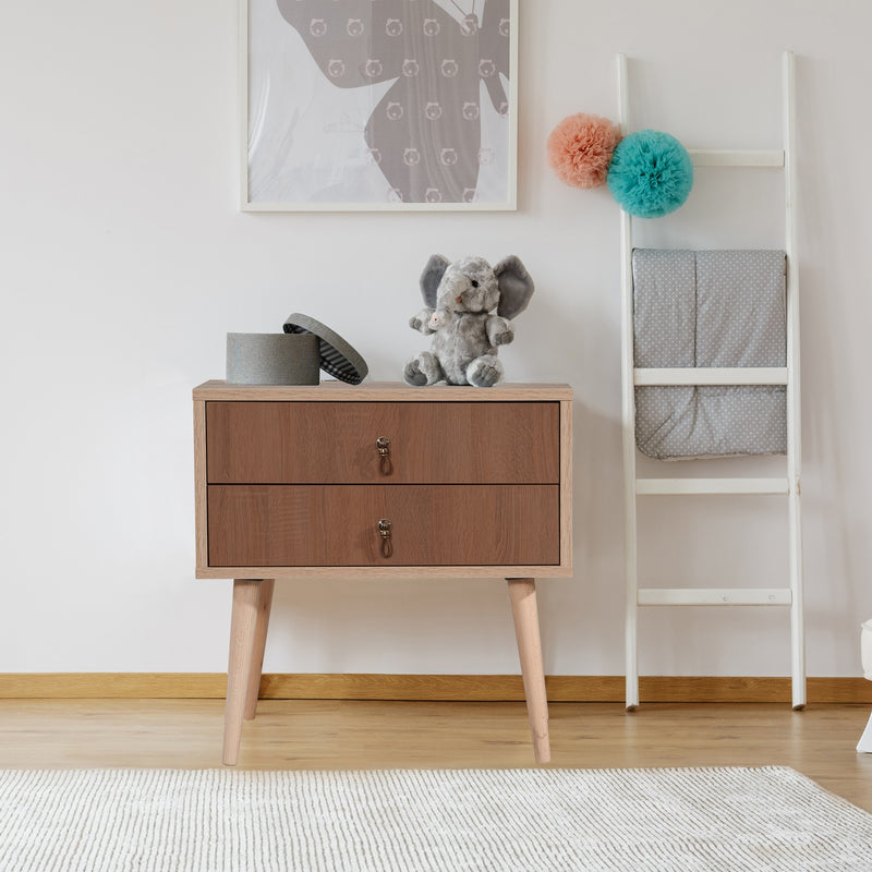 comodino moderno con 2 cassetti in legno quercia frontali colore marrone