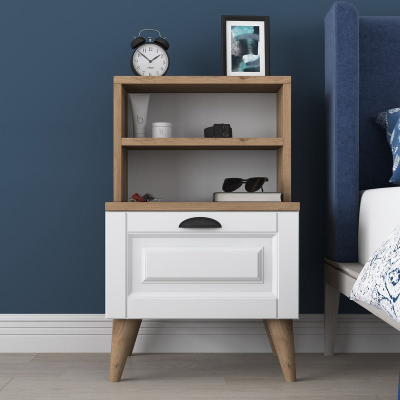 Comodino con cassetto colore bianco e noce cm 45x40x74h