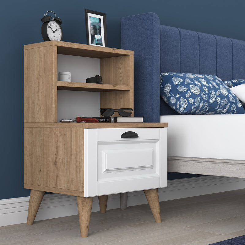 Comodino con cassetto colore bianco e noce cm 45x40x74h