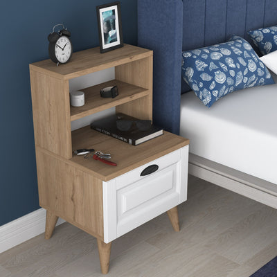 Comodino con cassetto colore bianco e noce cm 45x40x74h