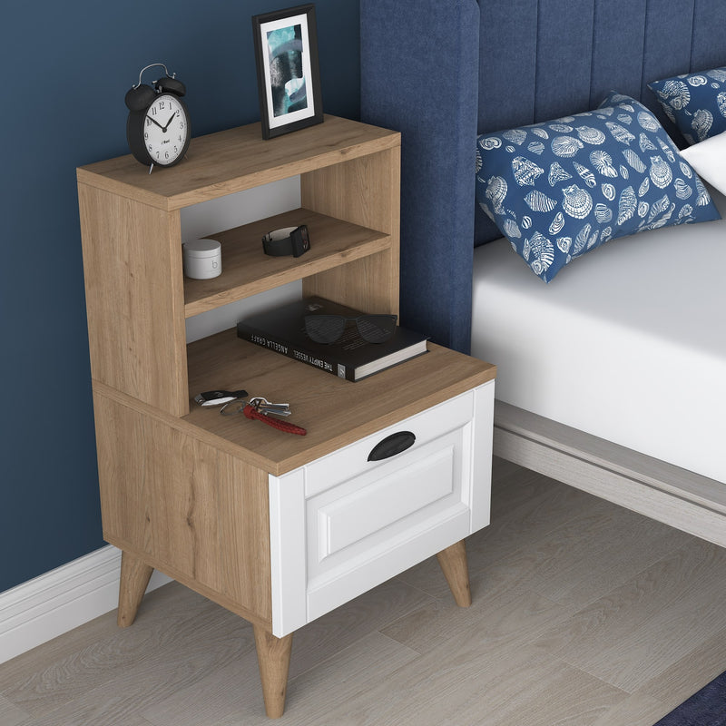 Comodino con cassetto colore bianco e noce cm 45x40x74h