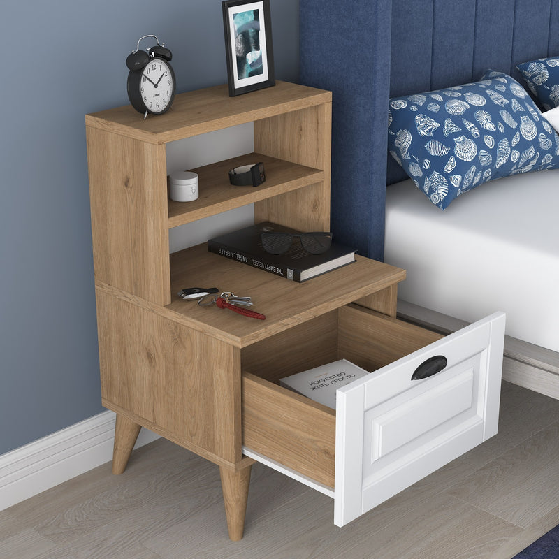 Comodino con cassetto colore bianco e noce cm 45x40x74h