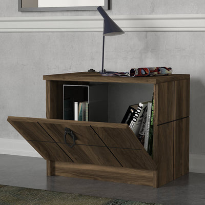 Comodino in legno noce con anta a ribalta decorazione geometrica cm 49x35x41h