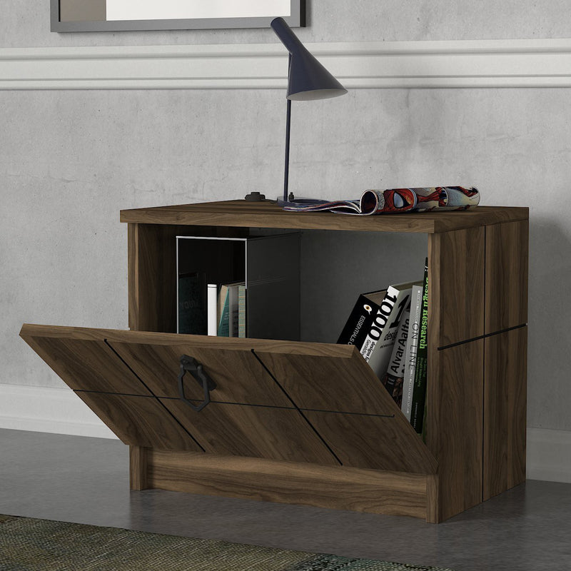 Comodino in legno noce con anta a ribalta decorazione geometrica cm 49x35x41h