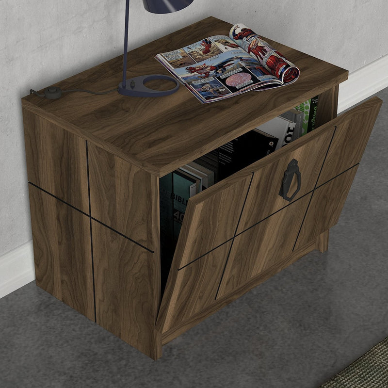 Comodino in legno noce con anta a ribalta decorazione geometrica cm 49x35x41h