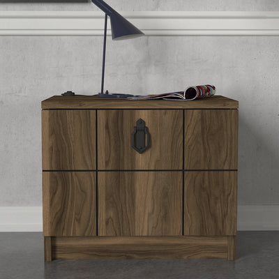 Comodino in legno noce con anta a ribalta decorazione geometrica cm 49x35x41h