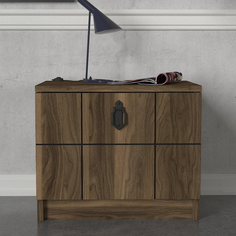 Comodino in legno noce con anta a ribalta decorazione geometrica cm 49x35x41h