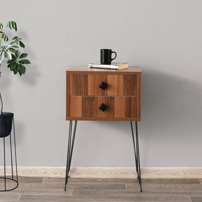 Comodino da notte industrial con ripiano rettangolare in legno in finitura legno opaco, 2 cassetti, gambe in metallo nero opaco. Dimensioni, 45x35x70h