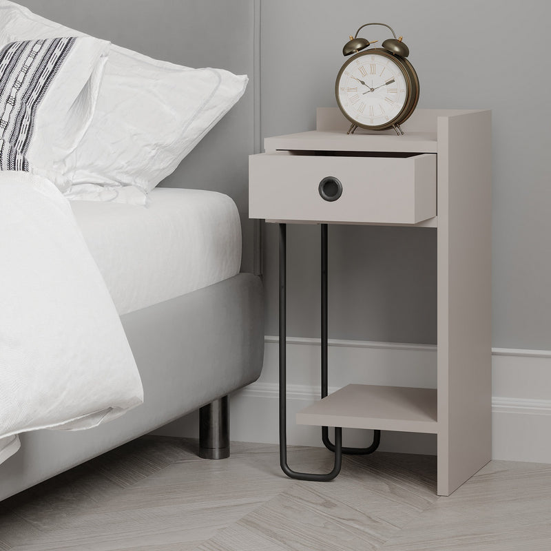 Comodino moderno colore tortora con cassetto e gamba in metallo cm 31x29x60h