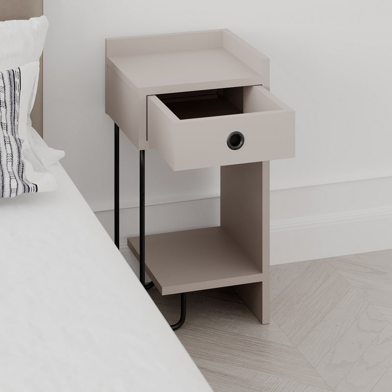 Comodino moderno colore tortora con cassetto e gamba in metallo cm 31x29x60h