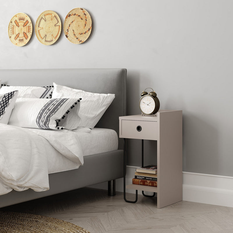 Comodino moderno colore tortora con cassetto e gamba in metallo cm 31x29x60h