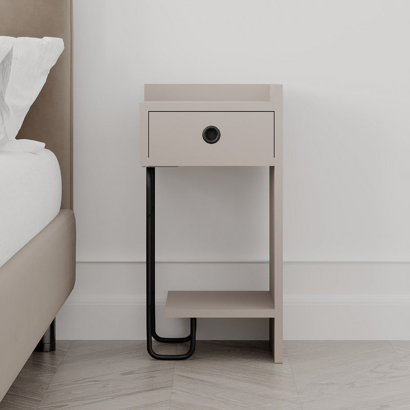 Comodino moderno colore tortora con cassetto e gamba in metallo cm 31x29x60h