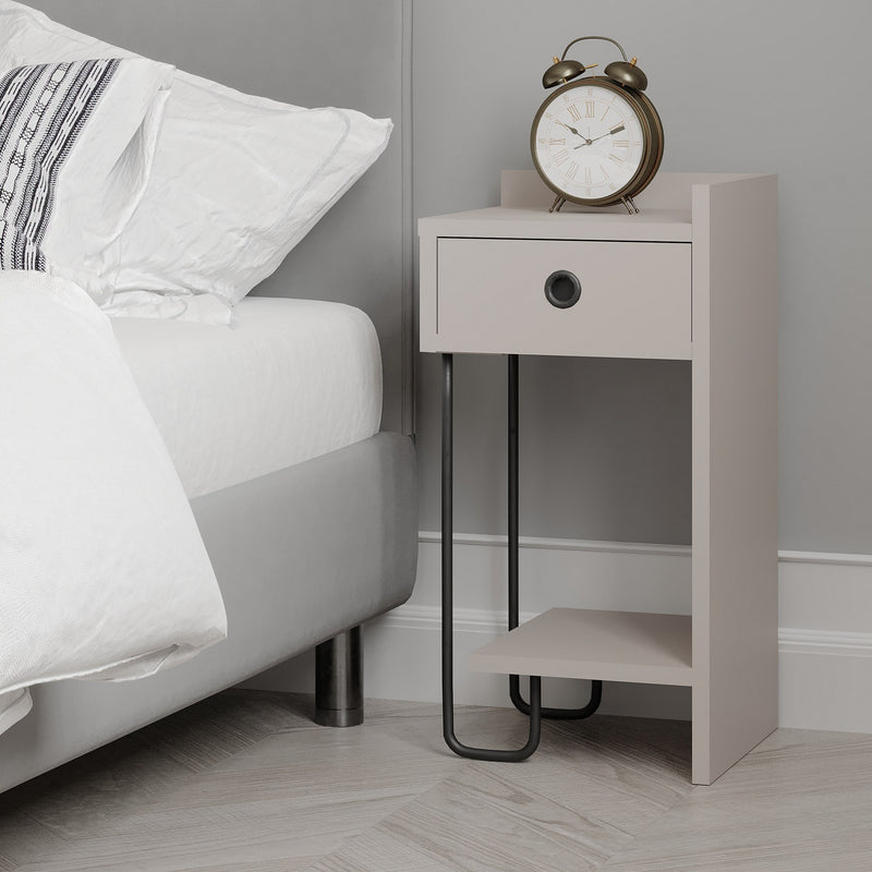 Comodino moderno colore tortora con cassetto e gamba in metallo cm 31x29x60h