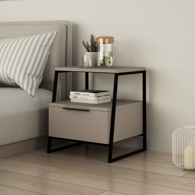 comodino design con anta a ribalta e piano superiore in stile industriale