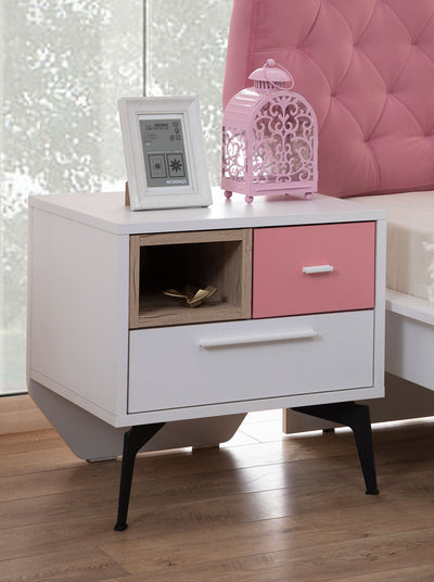 comodino basso moderno per cameretta bambina in legno bianco rosa e rovere naturale