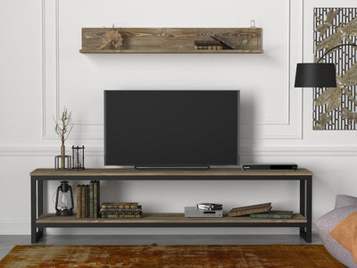 Set soggiorno parete con mobile tv e mensola in legno e metallo stile industriale