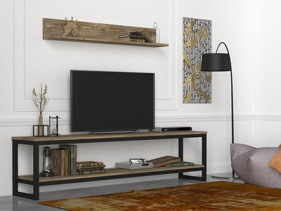 Set soggiorno parete con mobile tv e mensola in legno e metallo stile industriale