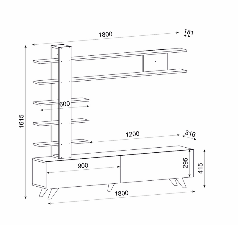 Parete attrezzata con libreria a colonna e mobile tv con ante cm 180x31x161h