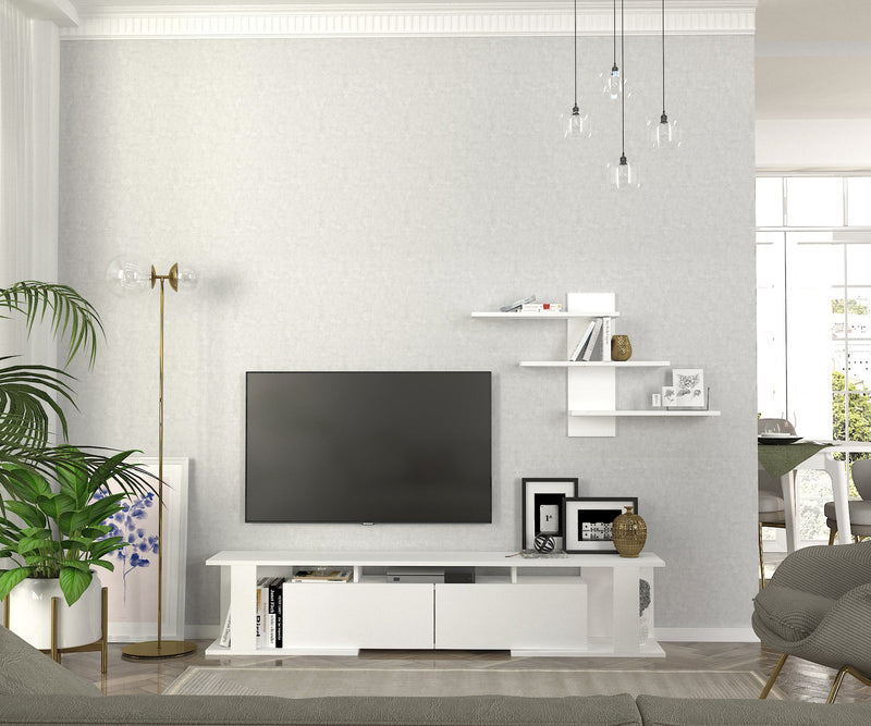 Composizione moderna con mobile tv e mensola colore bianco opaco cm 180x29x37h