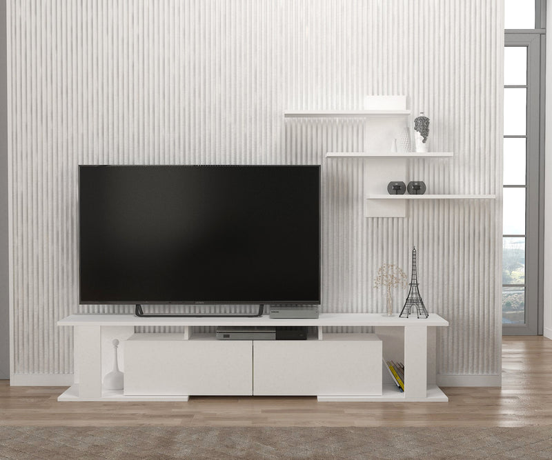 Composizione moderna con mobile tv e mensola colore bianco opaco cm 180x29x37h