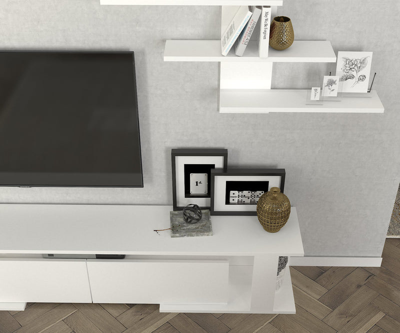 Composizione moderna con mobile tv e mensola colore bianco opaco cm 180x29x37h