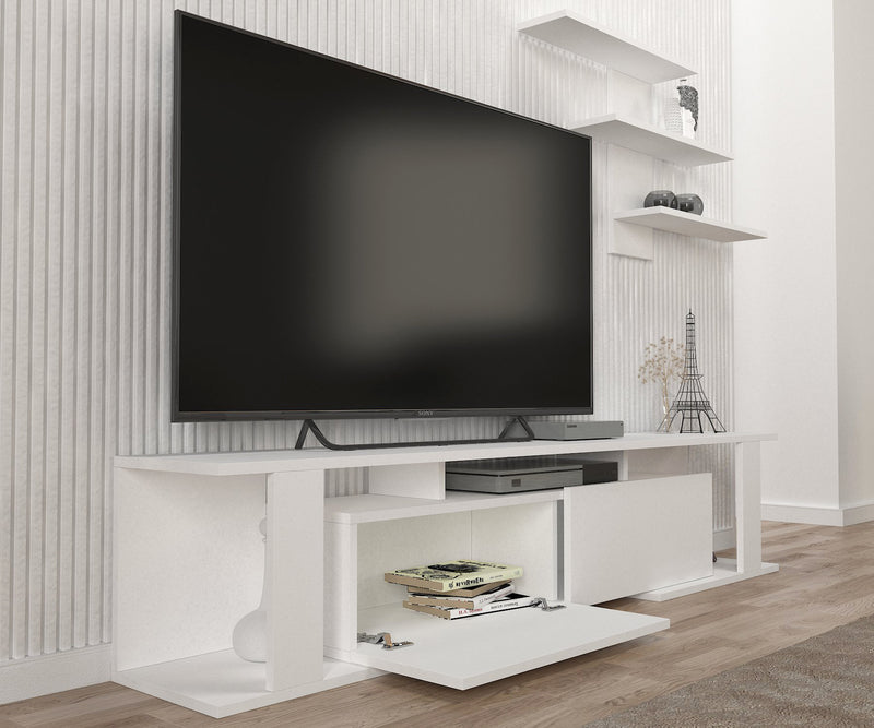 Composizione moderna con mobile tv e mensola colore bianco opaco cm 180x29x37h